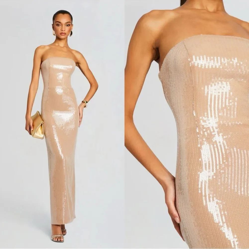 NWT RETROFÊTE EMBER Sequin Strapless Maxi Dress in Latte